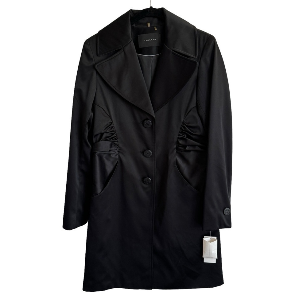 NWT Tahari Tori Black Satin Coat, Black, Size XS